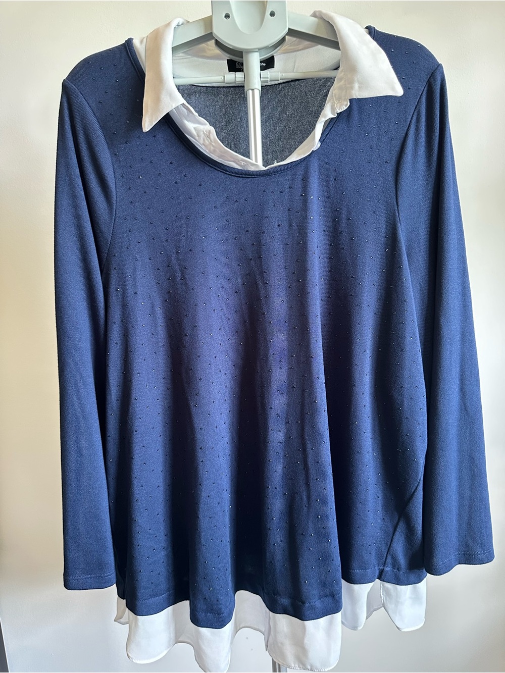 Navy Faux-Layered Long Sleeve Tunic with White Collar